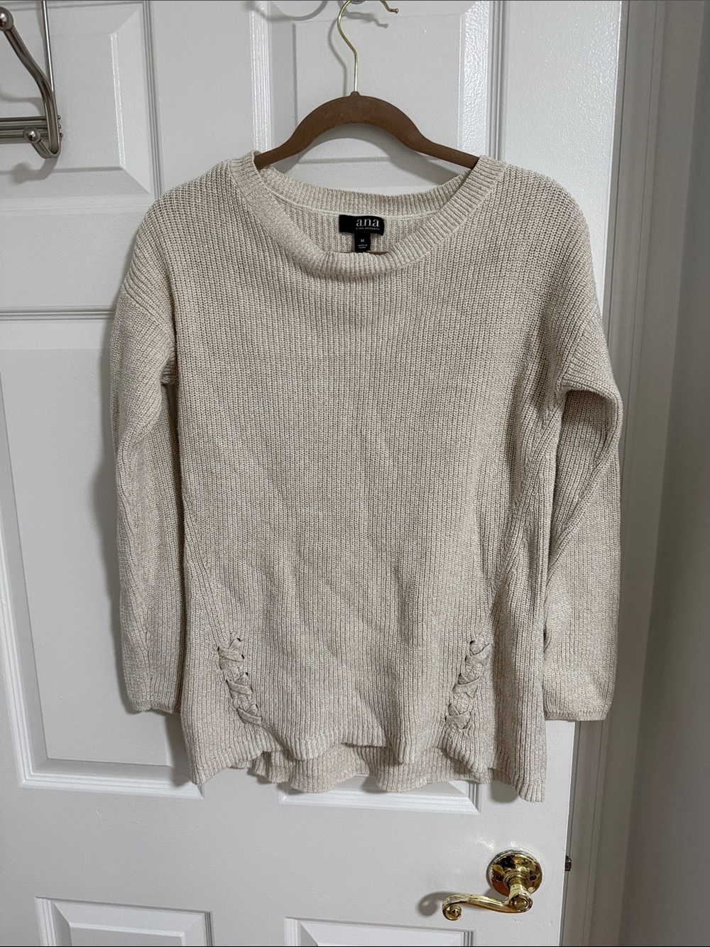 a.n.a Cream Lace-Up Hem Crewneck Sweater